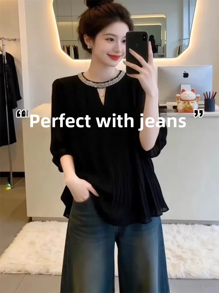 

Unique Beautiful Heavy Diamond Embedded Black Bubble Short Sleeve Women's Summer New Loose Belly Covering Chiffon Top Shirt