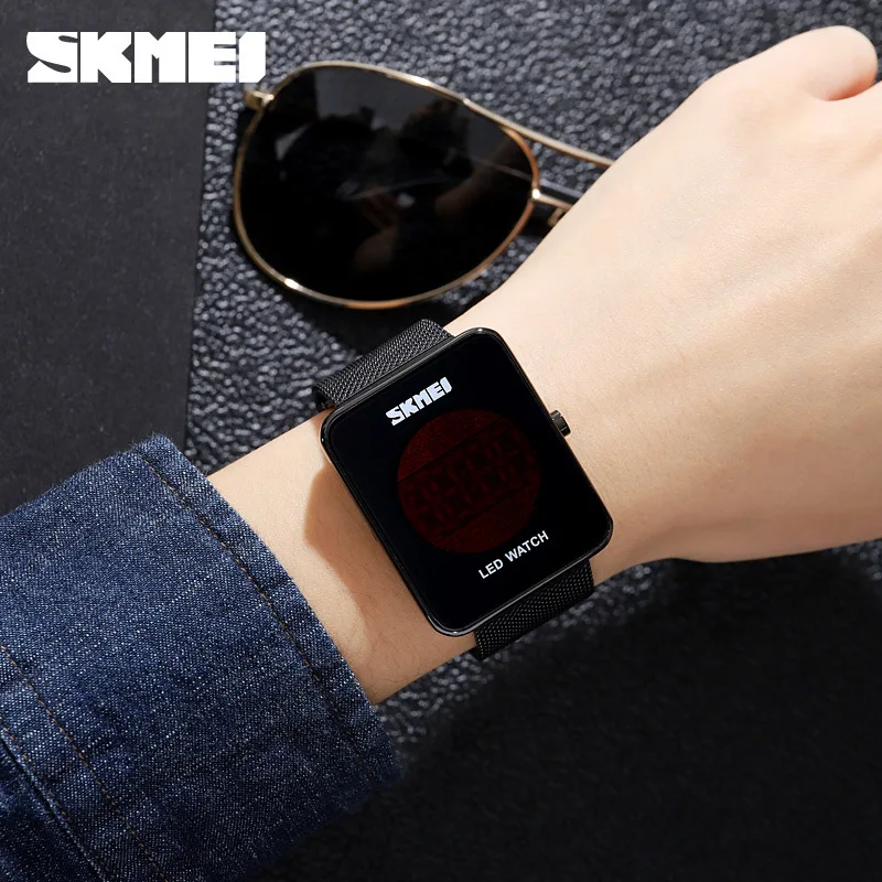 Skmei Time Meishi Red LED Light Student Electronic Watch Square Stainless Steel Mesh Strap Watch for Teenagers