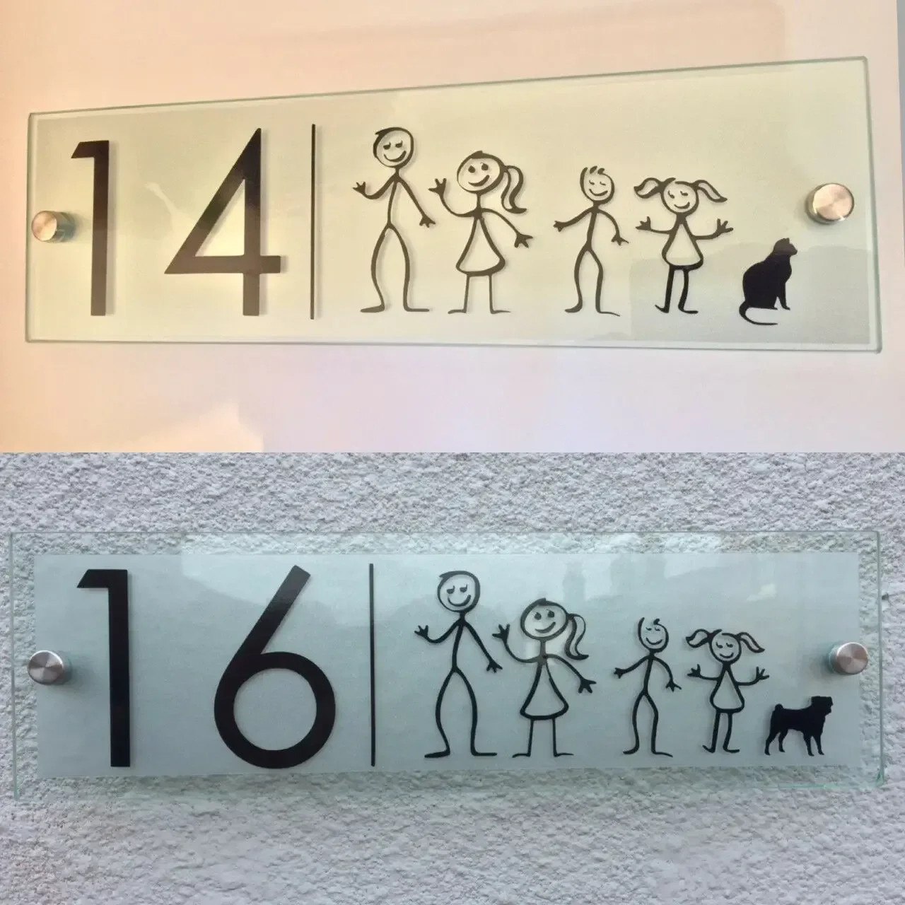 CUSTOMIZED MODERN HOUSE SIGN PLAQUE DOOR NUMBER STICK MAN FAMILY DOG/CAT GLASS ACRYLIC