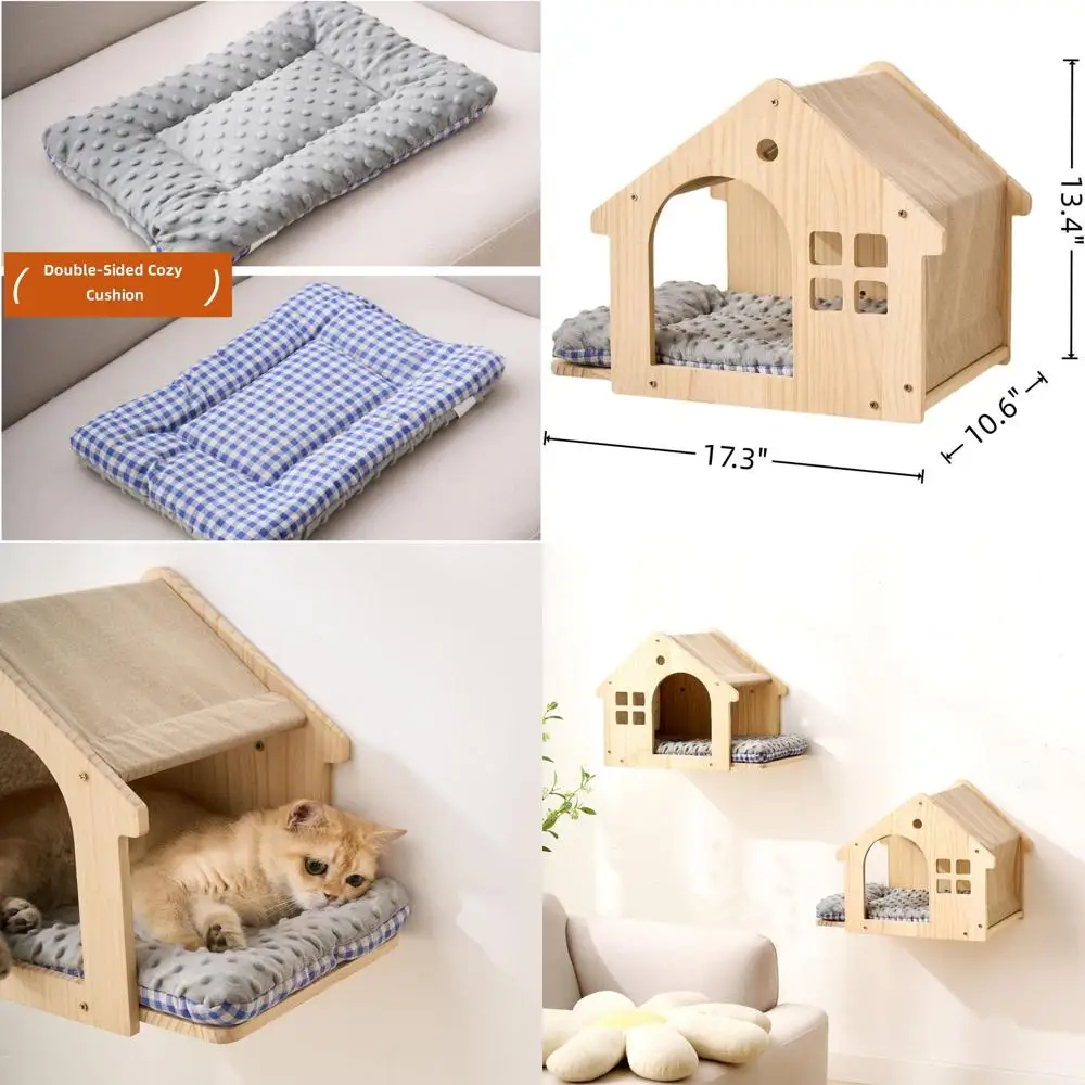 

2-Piece Wall-Mounted Cat Shelves with Bed and Washable Cushions, Wooden Box Condo Perch Furniture