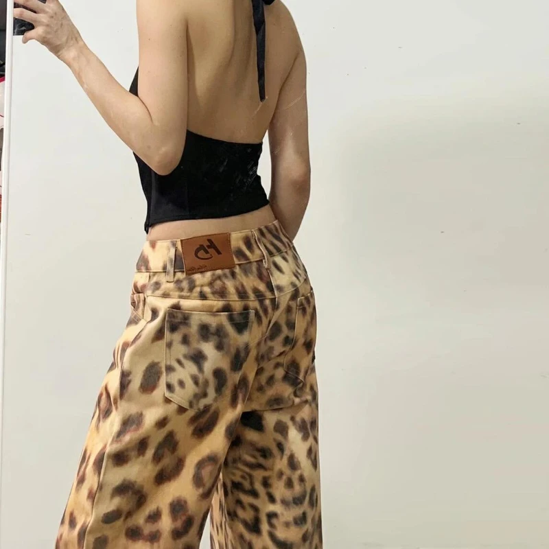 

American Retro Washed Leopard Print Jeans for Women Summer Thin Y2k Hottie Low-waist Floor-length Trousers