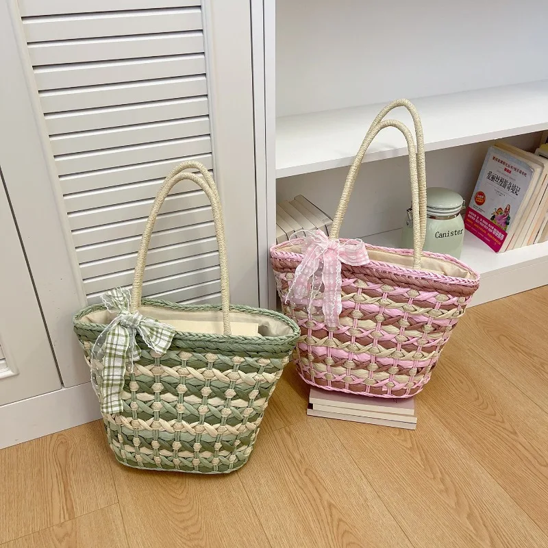 2026 Women's Bag Fresh Summer Colorful Woven Bag Beach Vacation Style Fashionable Large Capacity Single Shoulder Women's Bag