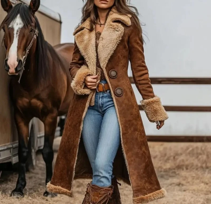 

Women Denim Western Coat Retro Sherpa Lined Winter Warm Style Jacket Plush Collar Casual Cowboy Vintage Outerwear