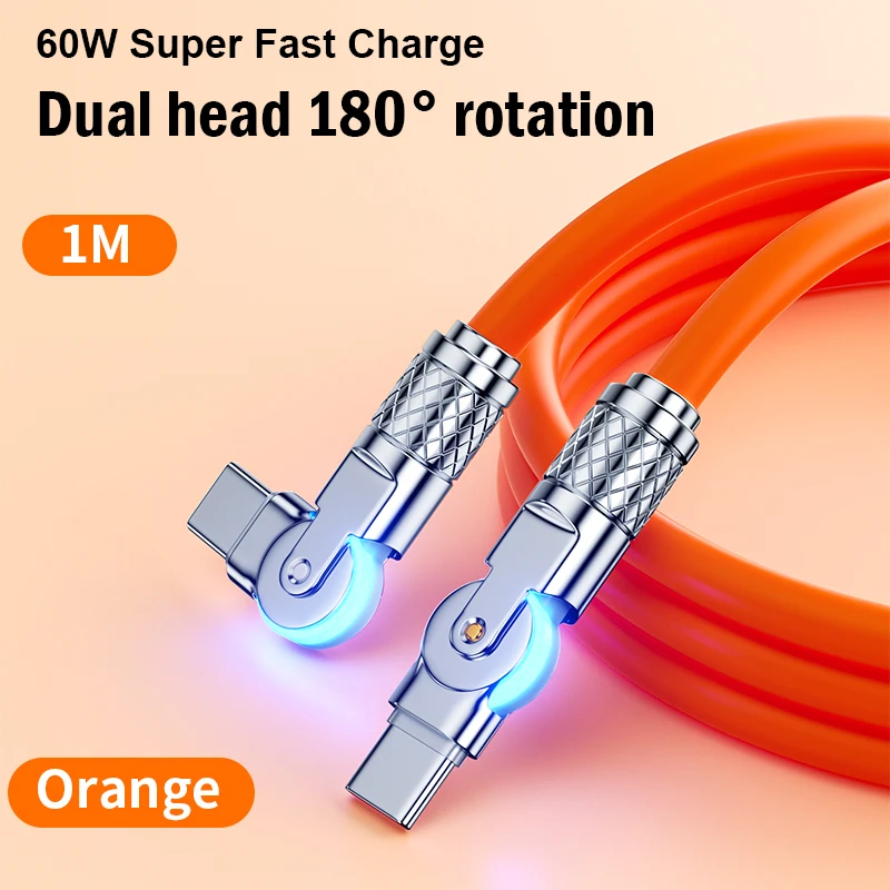 Double Head Type-c Cable Alloy Elbow Rotation PD Fast Charging Cable For ipad Huawei Macbook Silicone Phone Charger Accessory