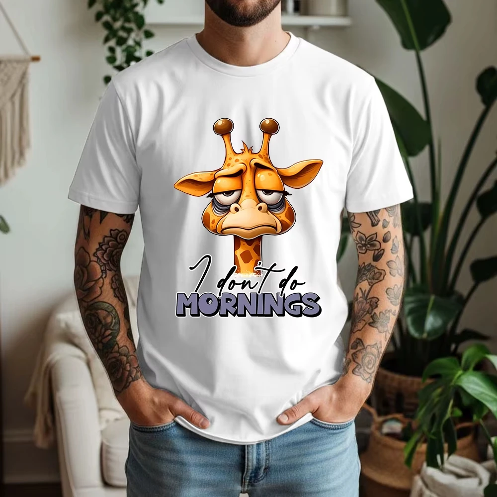 

New Summer Men's Pure Cotton TShirt I Don't Do Mornings Giraffe Funny Slogan Style Casual Tee Breathable Short Sleeve Breathable