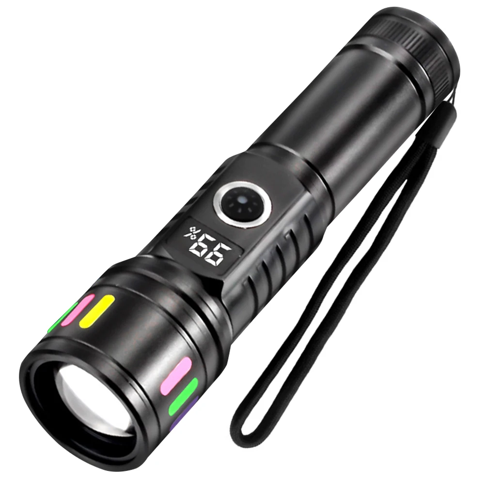 Handheld LED Flashlight USB Charging Powerful Zoomable Flashlight Power Display Super Bright Light for Camping Hiking