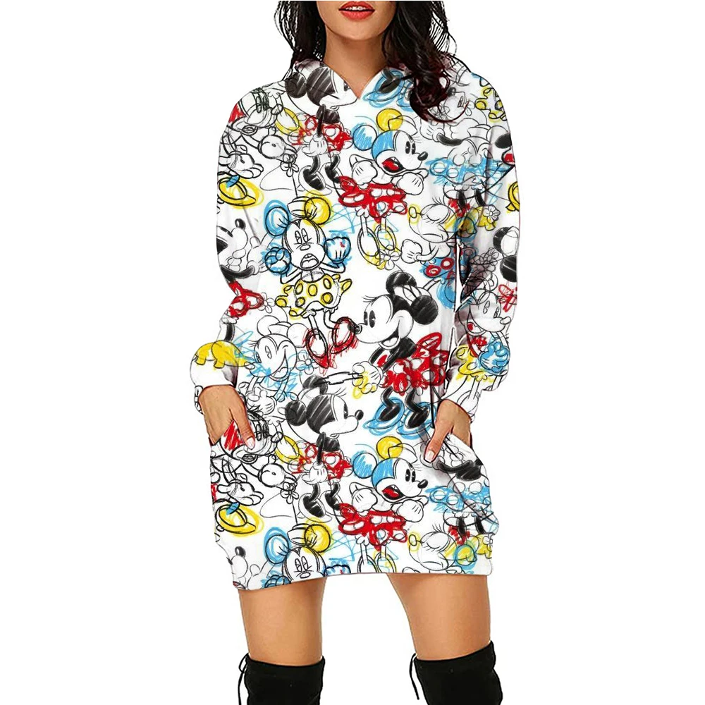 Spring and Autumn Hoodie Dress Women\'s Long Sleeve Cute Hoodie Disney Mickey Mouse Knee length Dress Slimming Street Dress