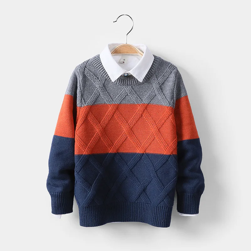 New Autumn Winter Boys Sweater Stripe Splicing Jacquard Round Neck Bottoming Shirt For 2-8 Years Old Kids Knitted Sweater