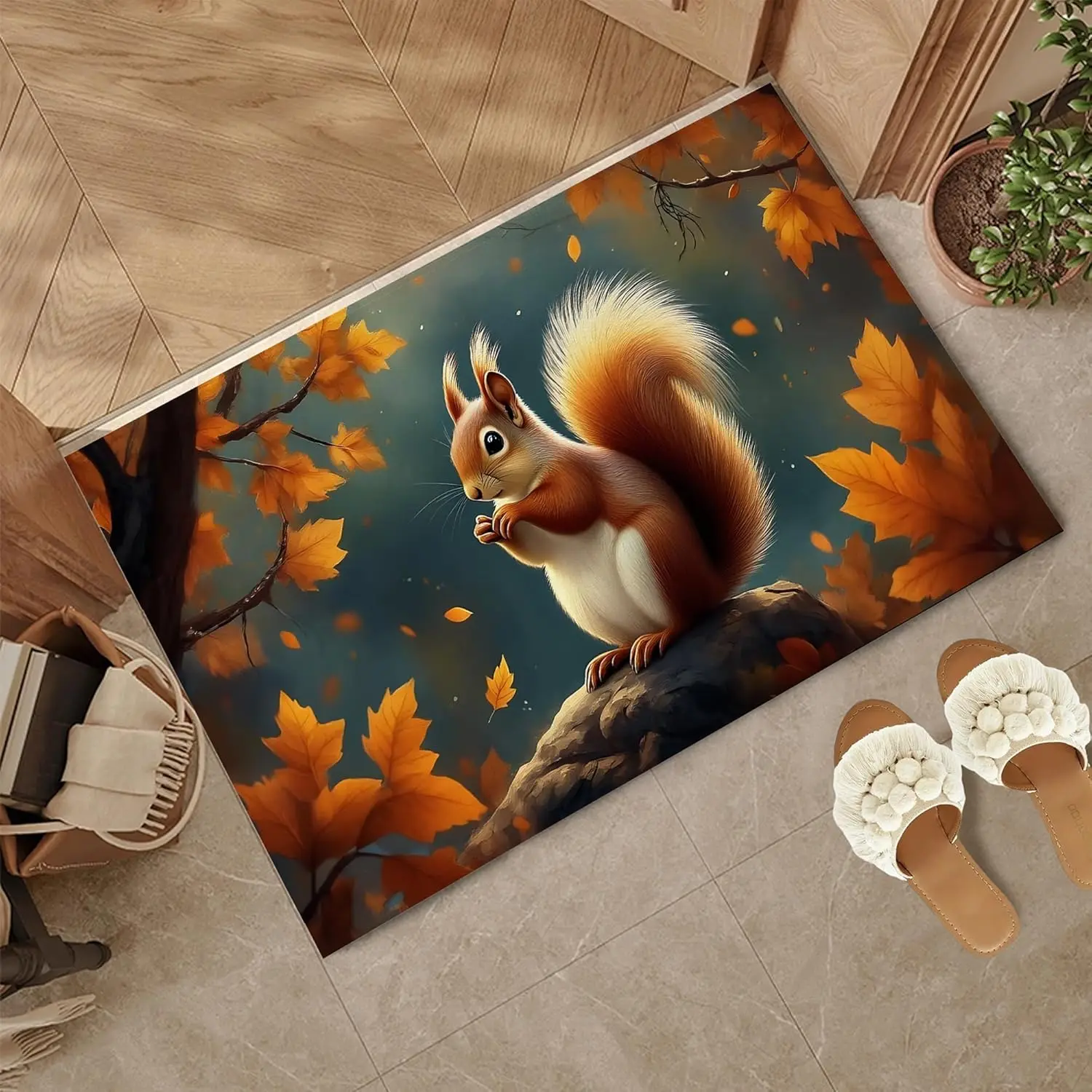 Door Mat,Cute Squirrel Welcome Mat Indoor,Fall Maple Leaf Non-Slip Outdoor Entry Mat for Home Entryway, Low Profile Floor Rugs