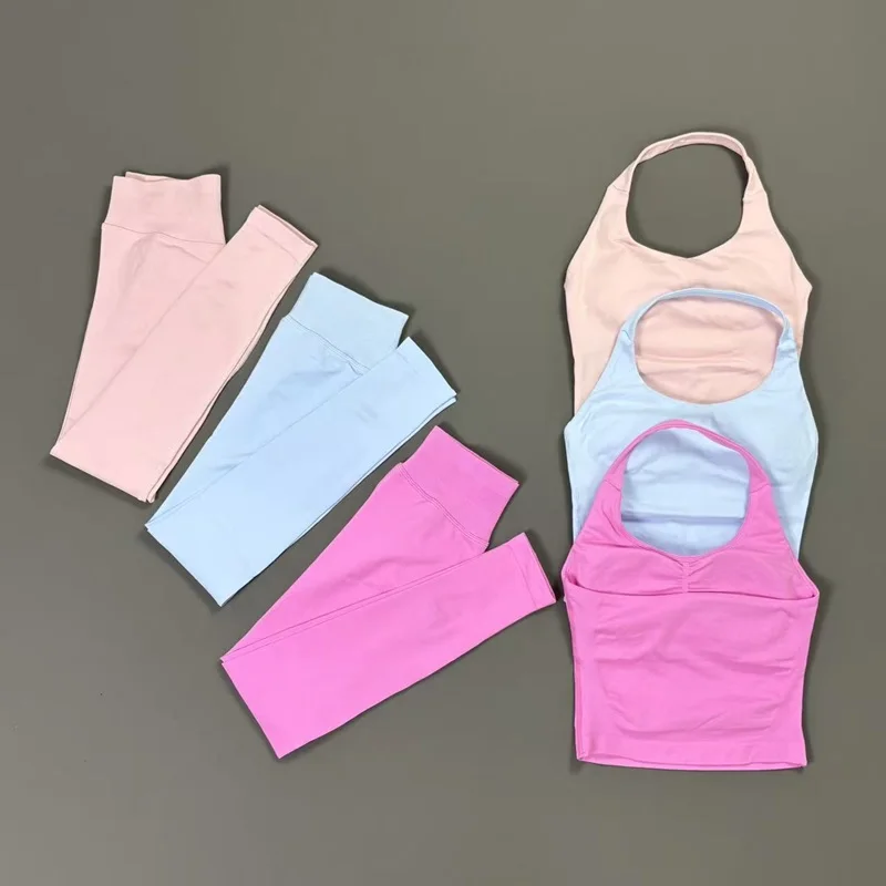 2-teiliges Sportset für Damen, nahtlos, atmungsaktiv, mit offenem Rücken, Activewear, Scrunch-Butt-Workout-Leggings, Yoga-Anzug, Fitness-Workout-Sets
