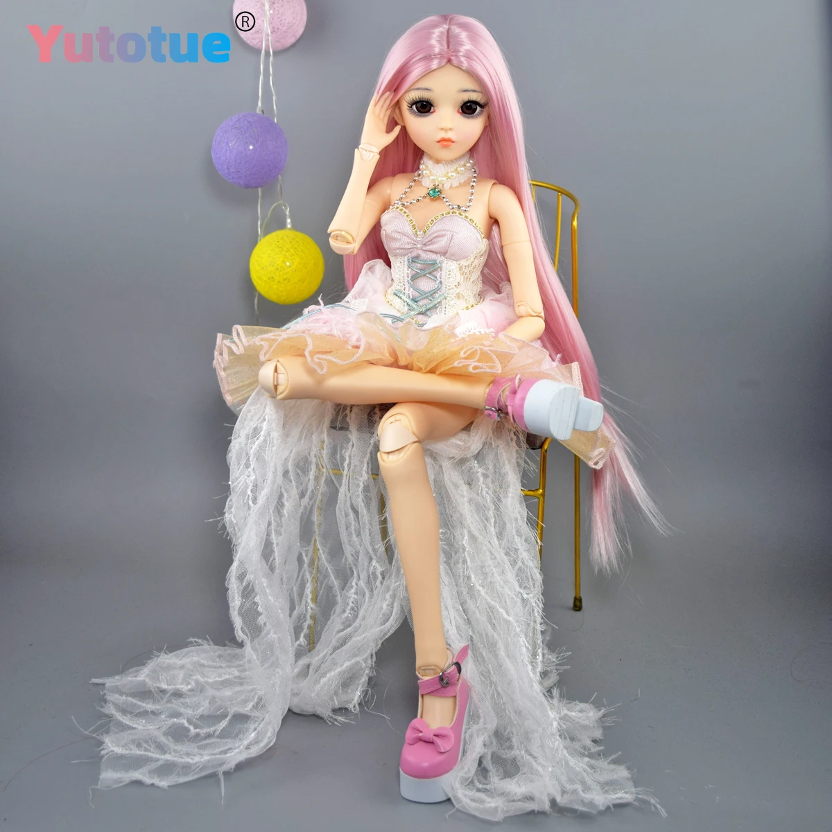 Lalka księżniczka YUTOTUE o wysokości 60 cm z prostą peruką, sukienką, butami i pełnym zestawem, lalka BJD 1/3.