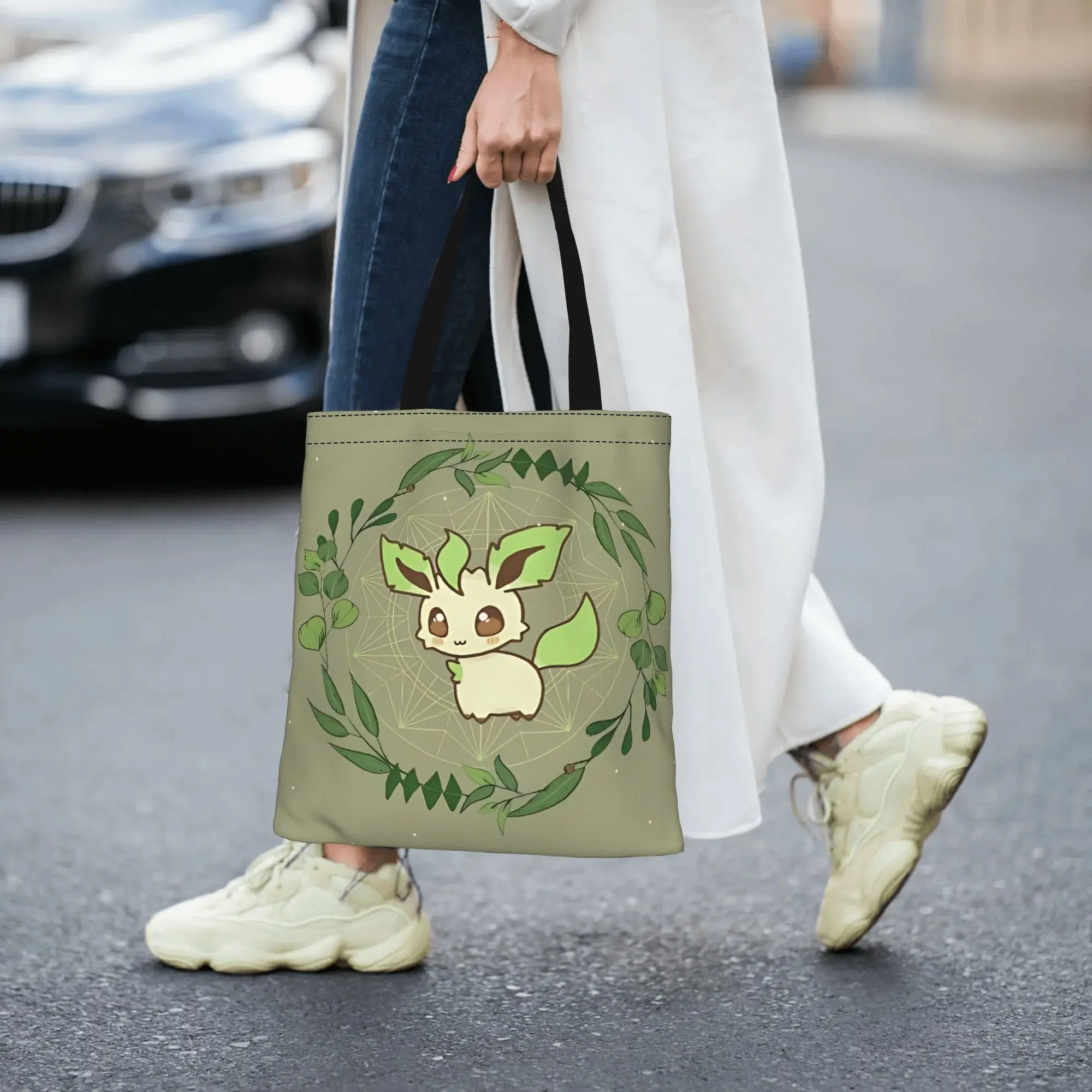 Customized Pokemon Eevee Eeveelution Women's Bag Shopping Bag Reusable Double Sided Canvas Tote Bag Shoulder Leafeon Handbag