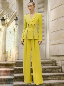 Images réelles-Ensemble veste et pantalon de smoking slim pour femme, olympiques formels, jaune imbibé de biscuits, invité de mariage, mode