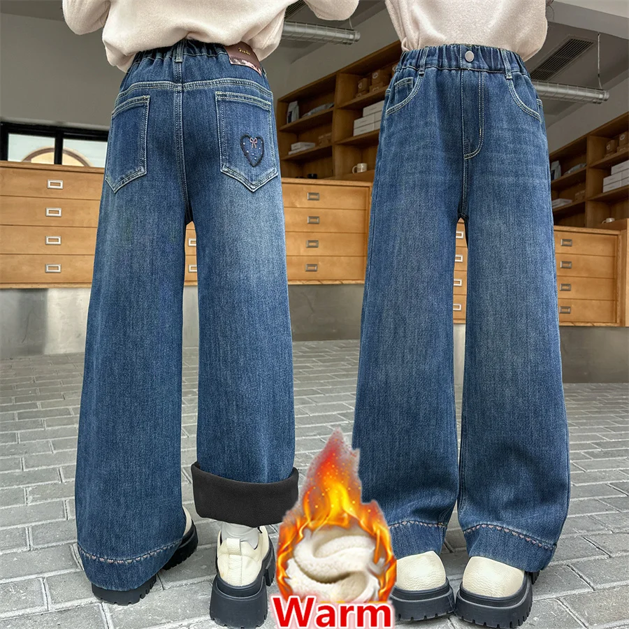 

Elegant Children Insulated Jeans for Girls Fashion Heart Pocket Winter Warm Denim Pants Kids Child Fleece Lined Jeans Trousers