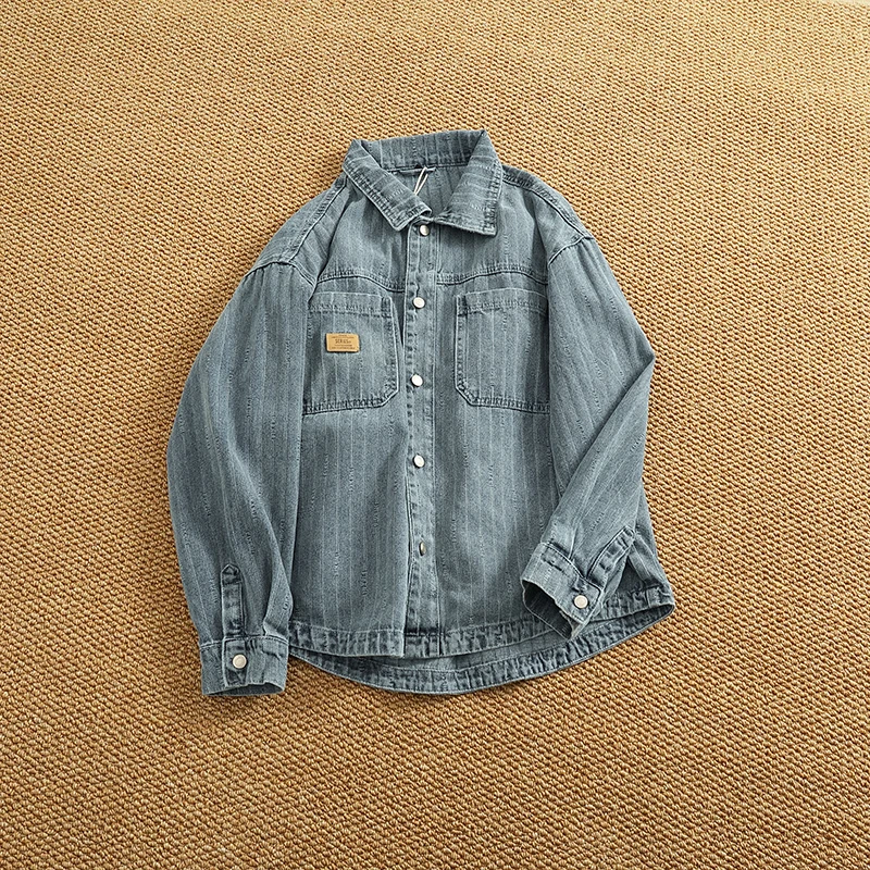 

Heavyweight Washed Vintage Denim Shirt Jacket for Men - Textured Utility Stripe Long Sleeve Workwear Shacket