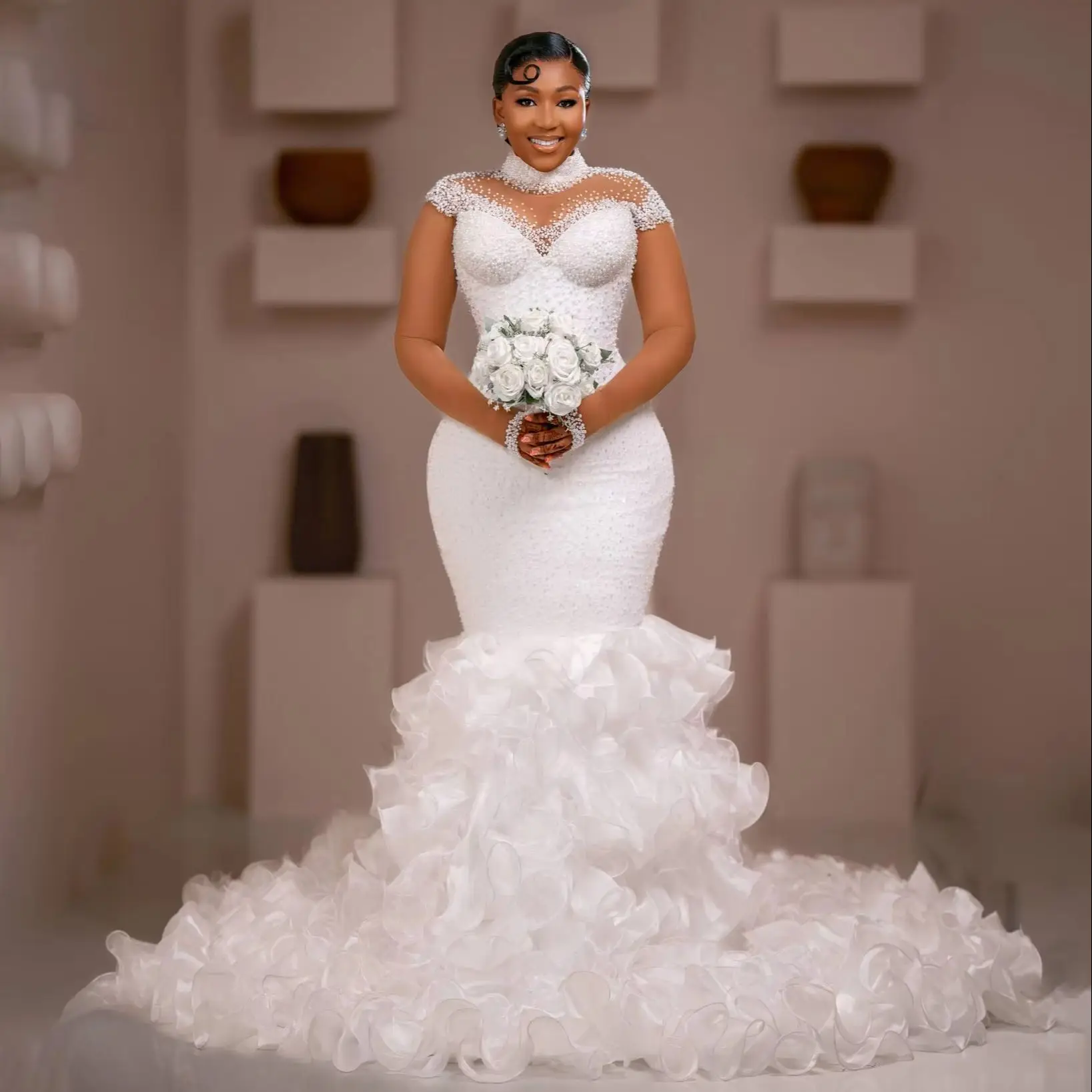 Customized African Mermaid Wedding Dress Puffy Ruffled Crystal Beaded Dream Bridal Gowns Vestidos De Noivas