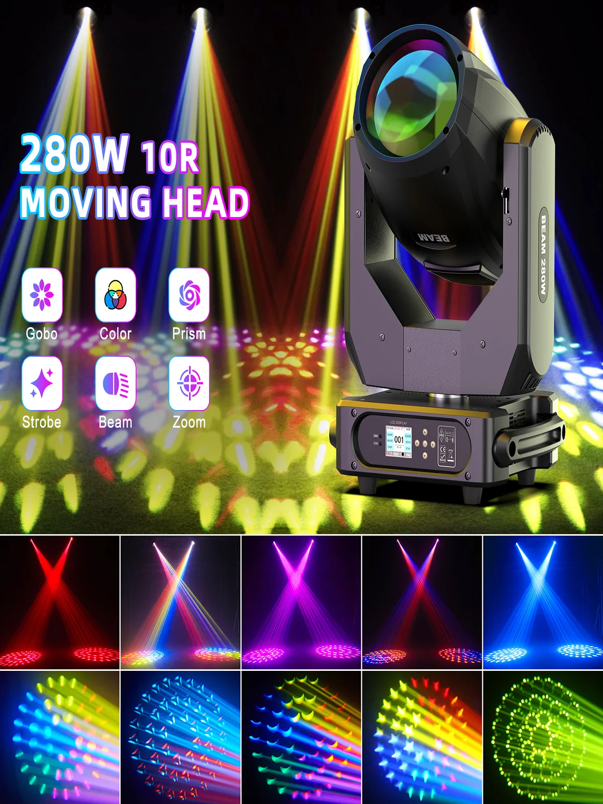 U'King 280W 10R Beam Moving Head Licht DMX512 Regenbogeneffekt Strobe Bühnenlicht 14 Farben 14 Gobos 2 Prismen für DJ Party Disco