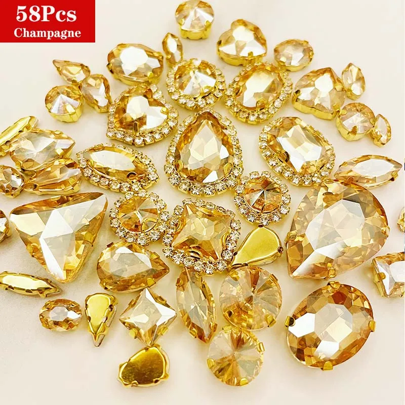 Mix 58Pcs Champagne Glass Rhinestones, Golden Crystal Buckle, Sewing Accessories, Use for Needlework, DIY Clothing Decoration