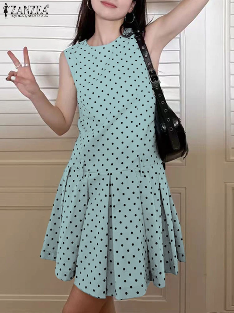 

ZANZEA Women Mini Dress Dot Printed Sleeveless Vestidos Party Summer Sundress 2025 Casual Loose A-Line Pleated Robe Oversized