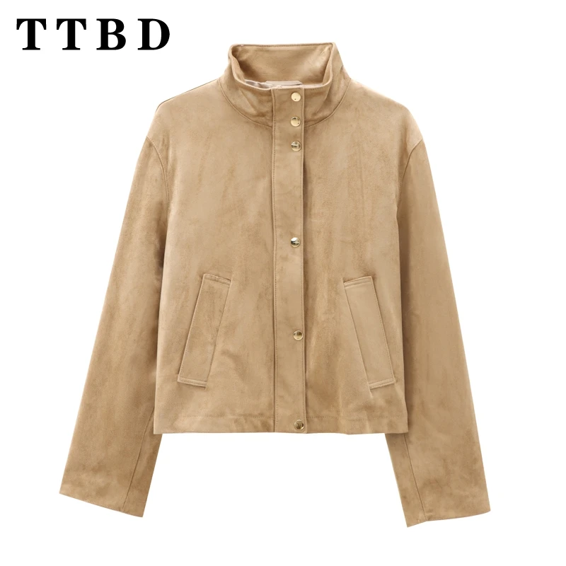 

TTBD 2024 New Autumn Women's Oversized Suede Leather Jacket Real Sheep Leather Stand Collar Streetwear Outerwear