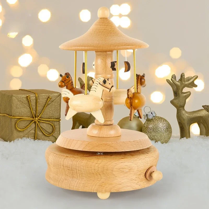 Wooden Carousel Music Box Ornaments Rotatable Hand-cranked DIY Handmade Birthday Christmas Gift Children’s Toys 크리스마스 뮤직 오르골