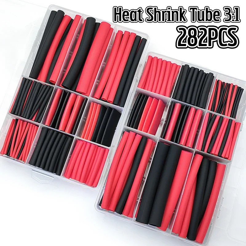 282Pcs DIY Repair Heat Shrink Tube Kit Polyolefin Black Red Waterproof Flame Retardant Sleeve Household Electrical Cable Wrap