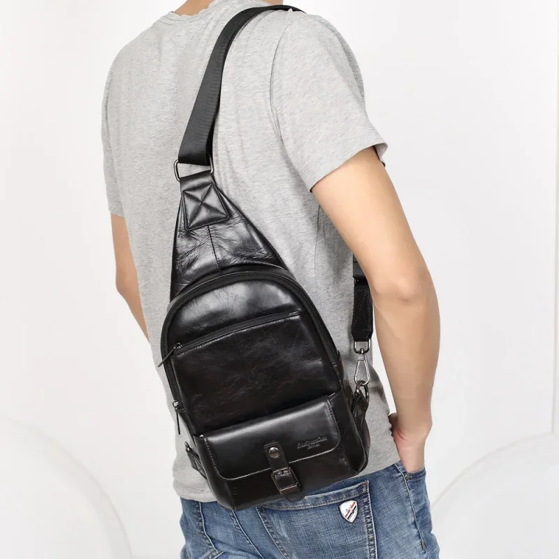 Bolso de pecho de cuero genuino para hombre, bandolera de hombro de gran capacidad, de negocios, a la moda