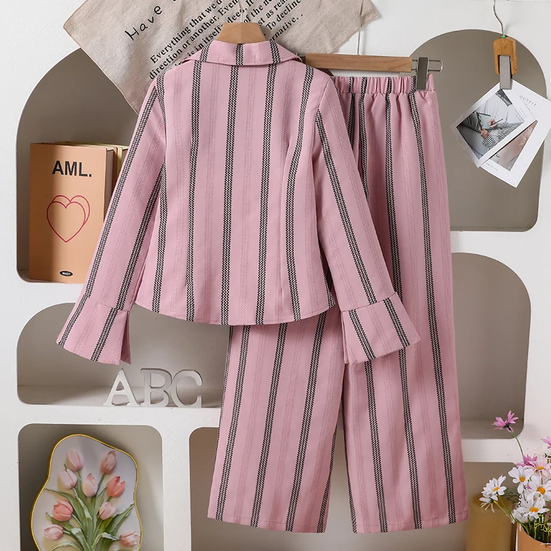 Pink Stripe Girls Casual Suit for 8-12 Years Old, Spring Autumn Flare Cuff Shirt Elastic Waist Trousers Outfit
