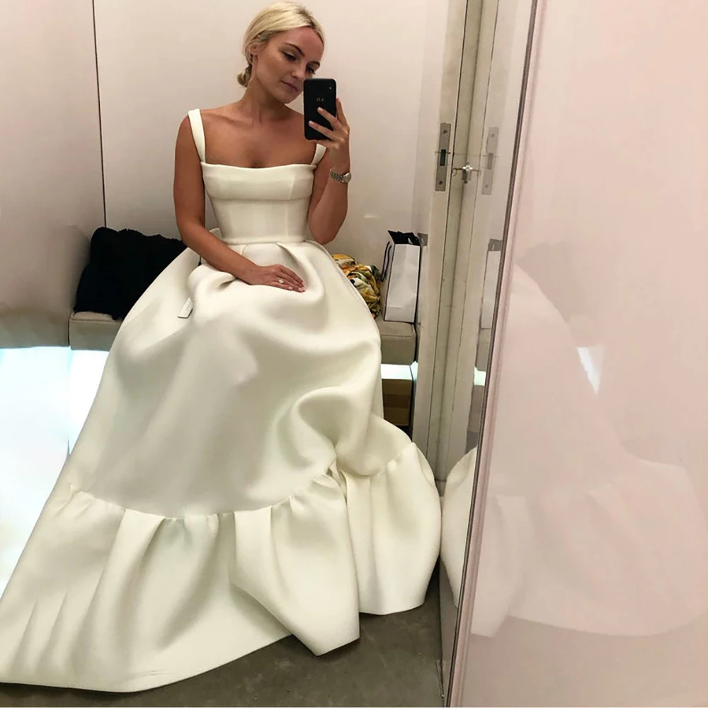 Matte Satin Unique Wedding Dress Scuba Fabric Square Neckline Customized Sleeveless Simple Ivory Full Length Skirt Bridal Gowns