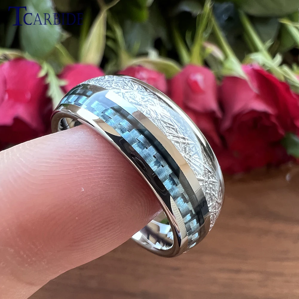 Dropshipping 8mm Domed Tungsten Carbide Ring Men Women Wedding Band With Bright Meteorite Blue Carbon Fiber Inlay Comfort Fit