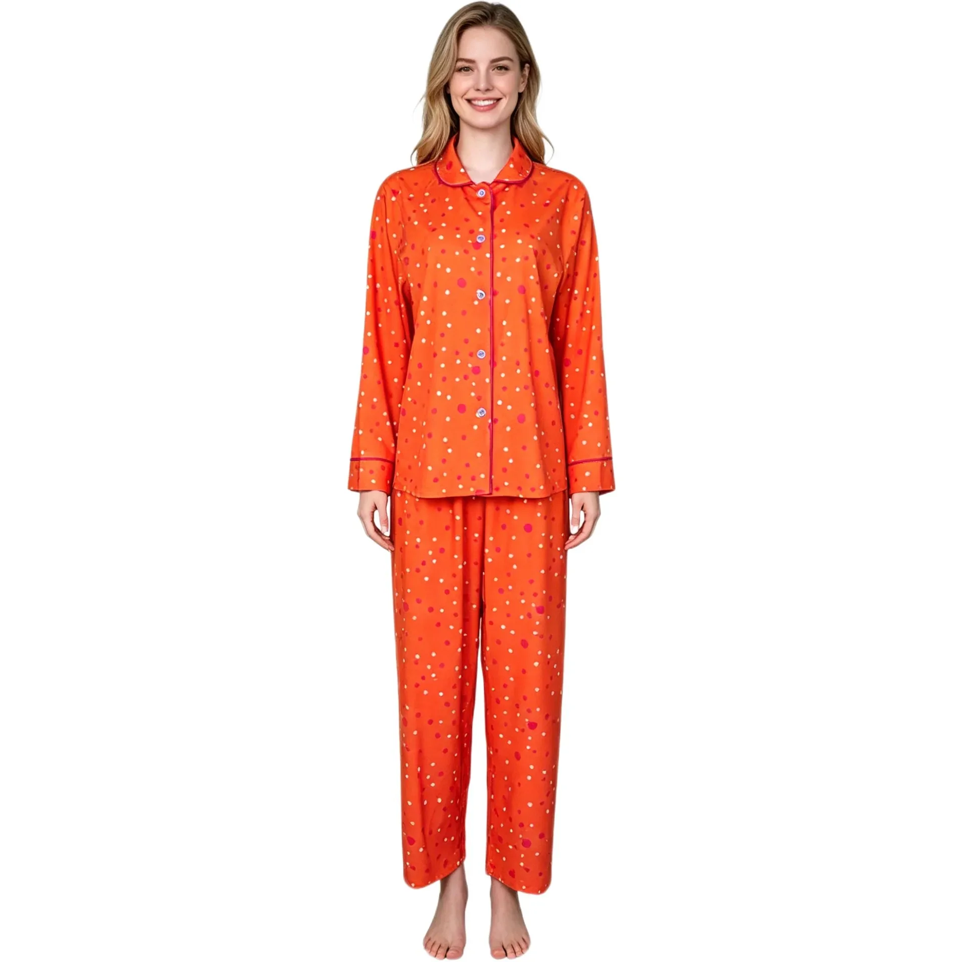 

Coraline Pajamas Orange Polka Dot Button-Up Loungewear Set For Halloween Movie Cosplay Loose Long Sleeve Long Pant for Woman