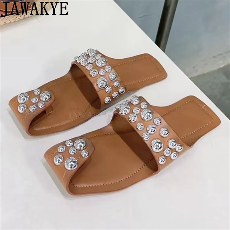 

Peculiar Flip Flops Flat Slippers Women Genuine Leather Inlaid rivet Low Heel Slippers Woman Summer Fashion loafer Slipper Mujer