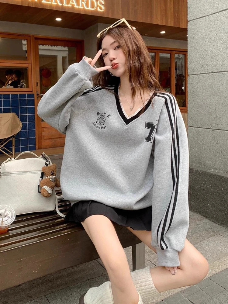 

Y2k Aesthetic Lace Letter Hoodie Women V-neck Stripe Long Sleeve Jersey Top Streetwear Hoody Harajuku Vintage Oversized Pullover