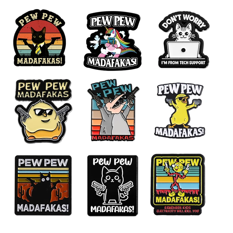 

Pew Pew Madafakas Opossum With Guns Brooch Enamel Pins Cool Movies Role Duck Horse Brooches Lapel Badge Jewelry Gift for Friends