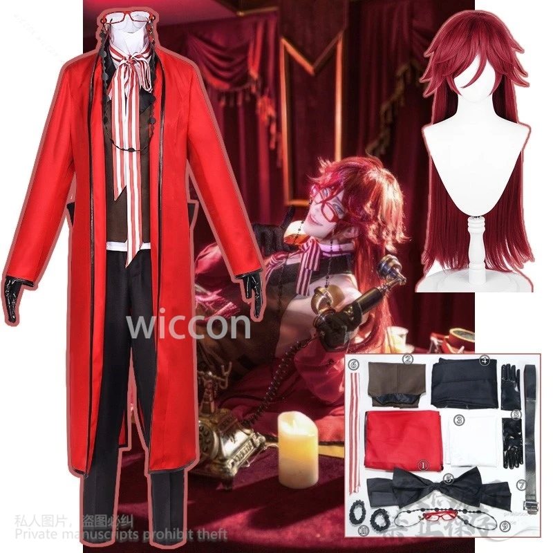 Anime Blackr Butler Cosplay Grell Sutcliff Michaelis Costume Red Butler Uniform Coat Suit Wig Glasses Halloween Christmas Party