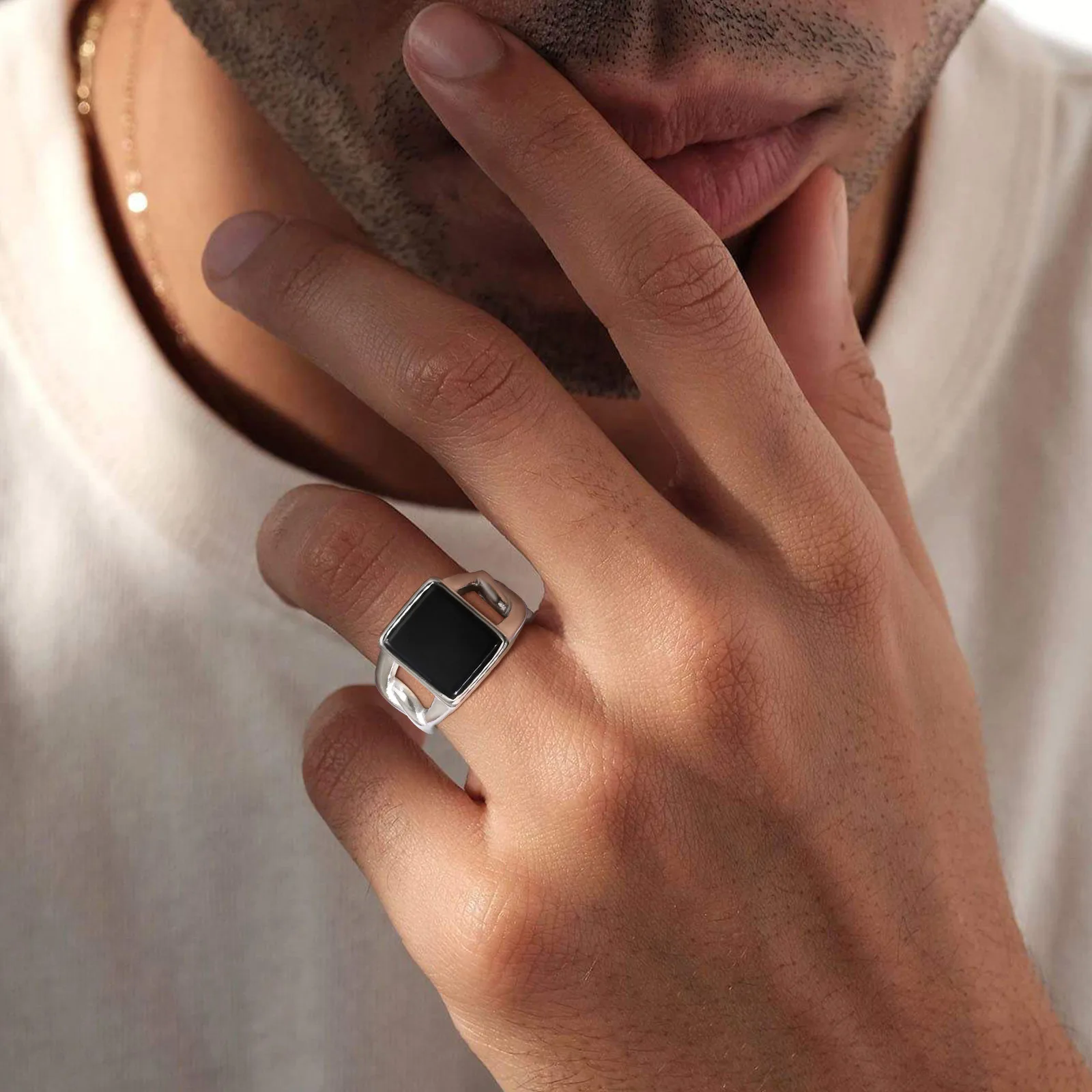 Men's Square Black Stone Signet Rings, Waterproof Stainless Steel Cuban Chain Shaped Finger Band, Geometric Top Stamp Ring Gift