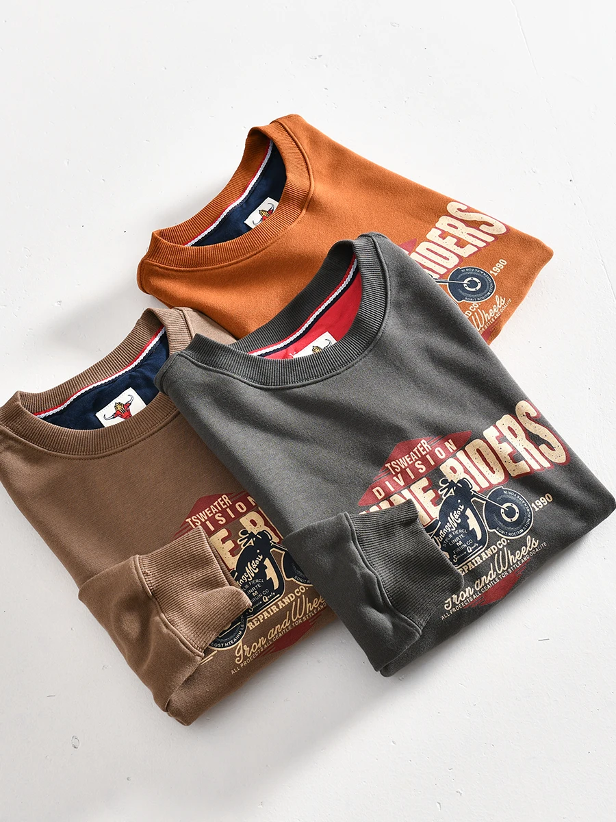 

Retro Motorcycle Print Loose Fit round Neck Long Sleeve Sweatshirt for Men Autumn Fashionable Casual Cotton Polyester Blend