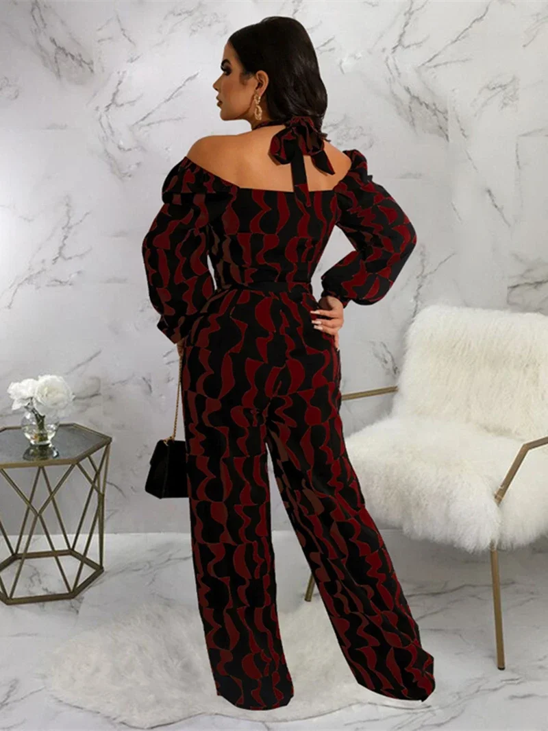 Elegant Print Off Shoulder Jumpsuit for Women Summer Y2K Clothes Halter Long Rompers Playsuits One Pieces Sets Overalls Outfits