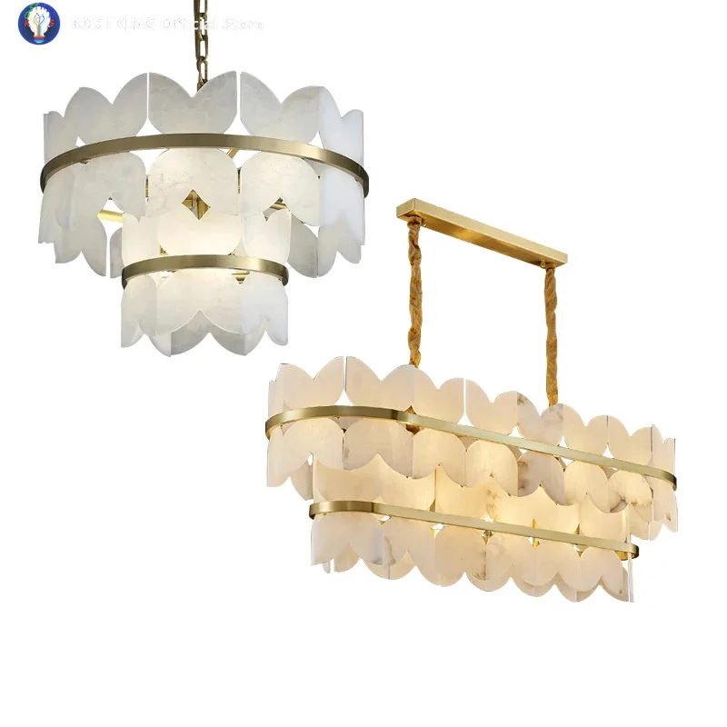 Modern Brass Marble Ceiling Pendant Lights Dimmable, Luxury Home Decoration Living Room Foyer Large Hang lamp Alabaster Lamparas