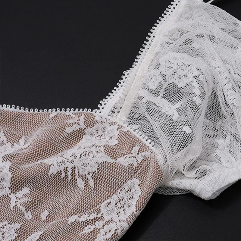 DongCMY 2025新作 スイートスクエアカラー ネットヤーン ウエストバブルスリーブ ショートレースミニドレス ホワイト フェアリードレス