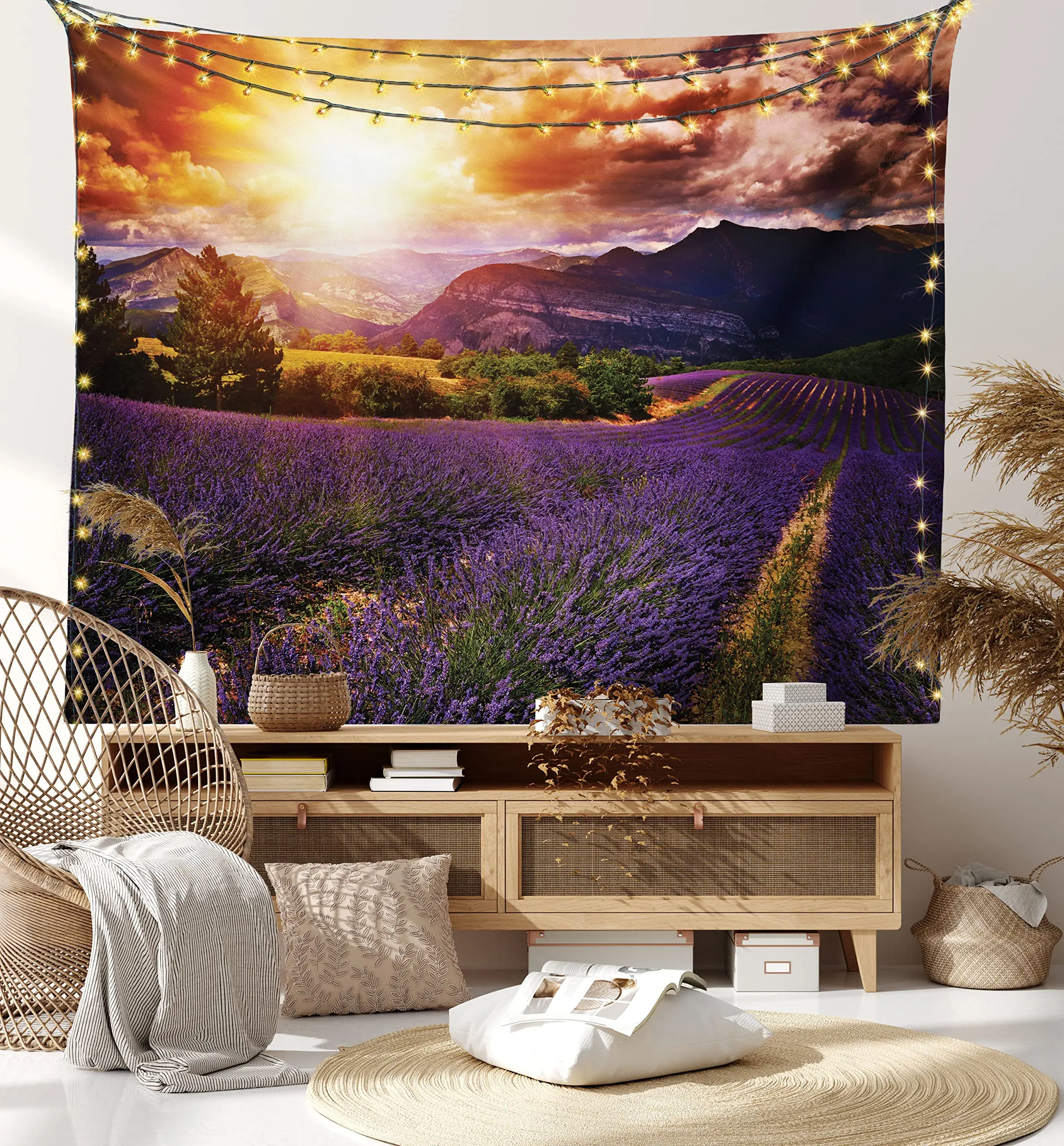 Lavender Tapestry,Blooming Fields in Rows Tapestry Aromatherapy Countryside Tapestry Wall Hanging for Bedroom Living Room Dorm