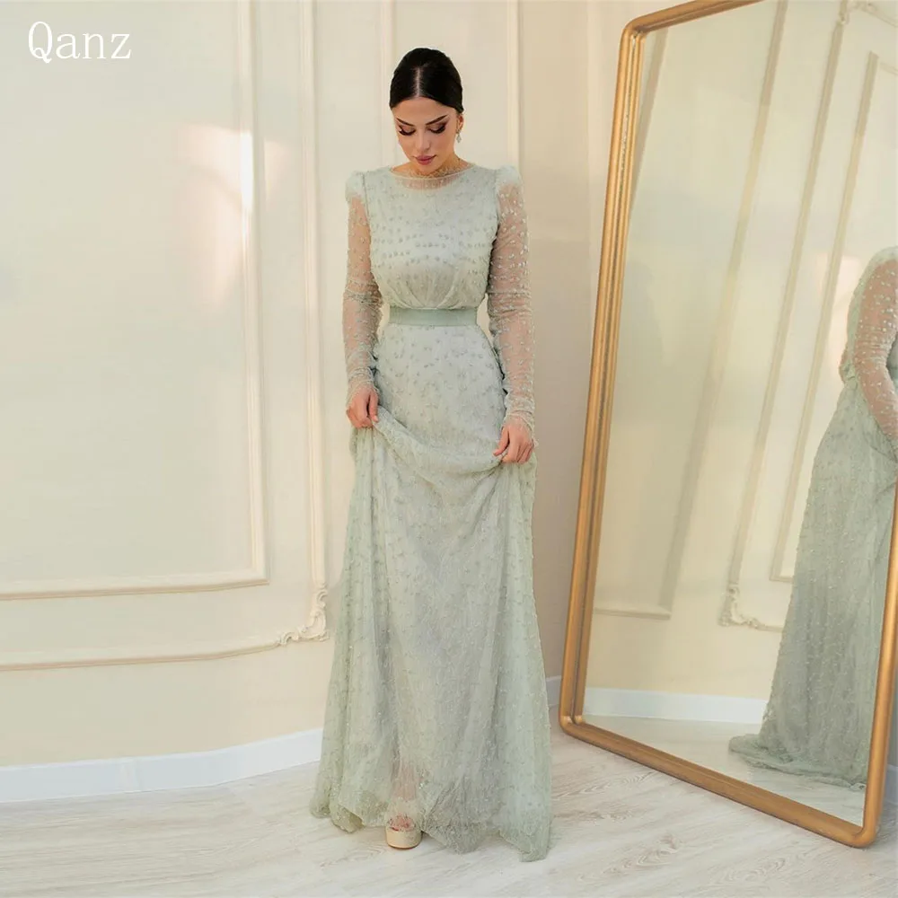 Qanz Sage Green Evening Dresses Long Sleeves Formal Occasion Dresses Elegant Vestidos Longos Para Eventos Especiai Customized