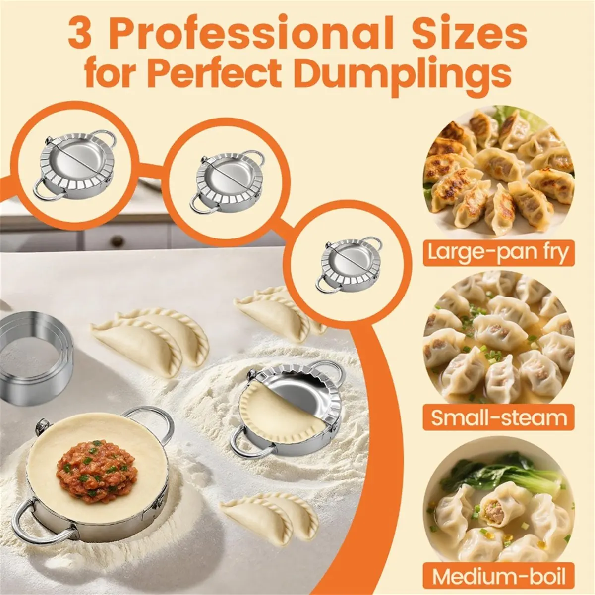 Nuevo Juego de Utensilios para Hacer Empanadas 3 en 1 de Acero Inoxidable - Prensa para Empanadas y Molde para Empanadas con Cortadores de Masa (3", 3.4", 3.8")
