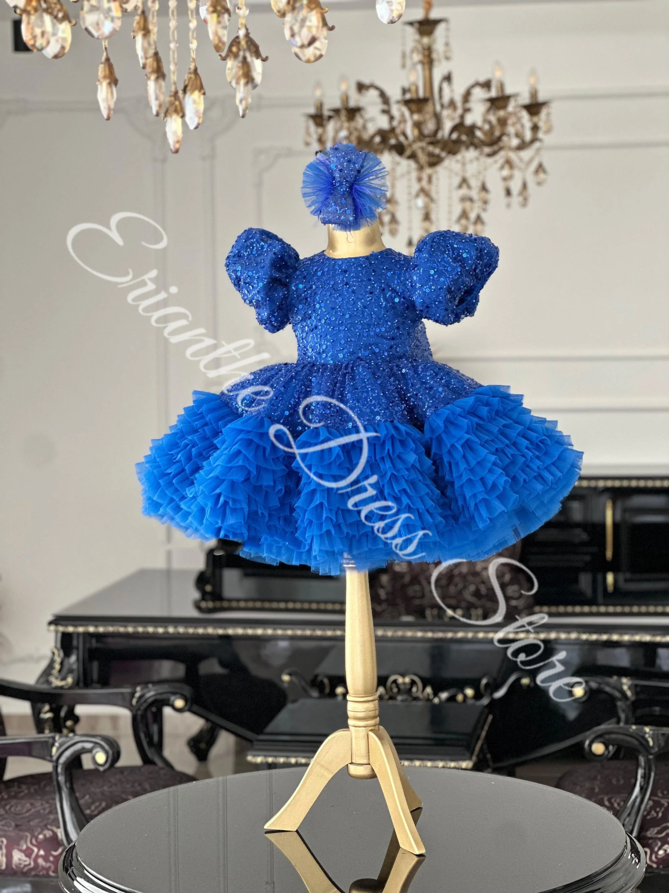 الأزرق منتفخ مع القوس تول لامع أنيق تكدرت الترتر مخصص الاطفال حفلة عيد ميلاد أول بالتواصل فستاين سهرة/فساتين الحفلات حسب الطلب