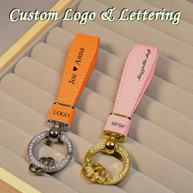 

Customized Logo Diamond-encrusted Leather Keychain Car Bag Organizer Pendant Wholesale Key Chain for Men and Women Keyring Gift