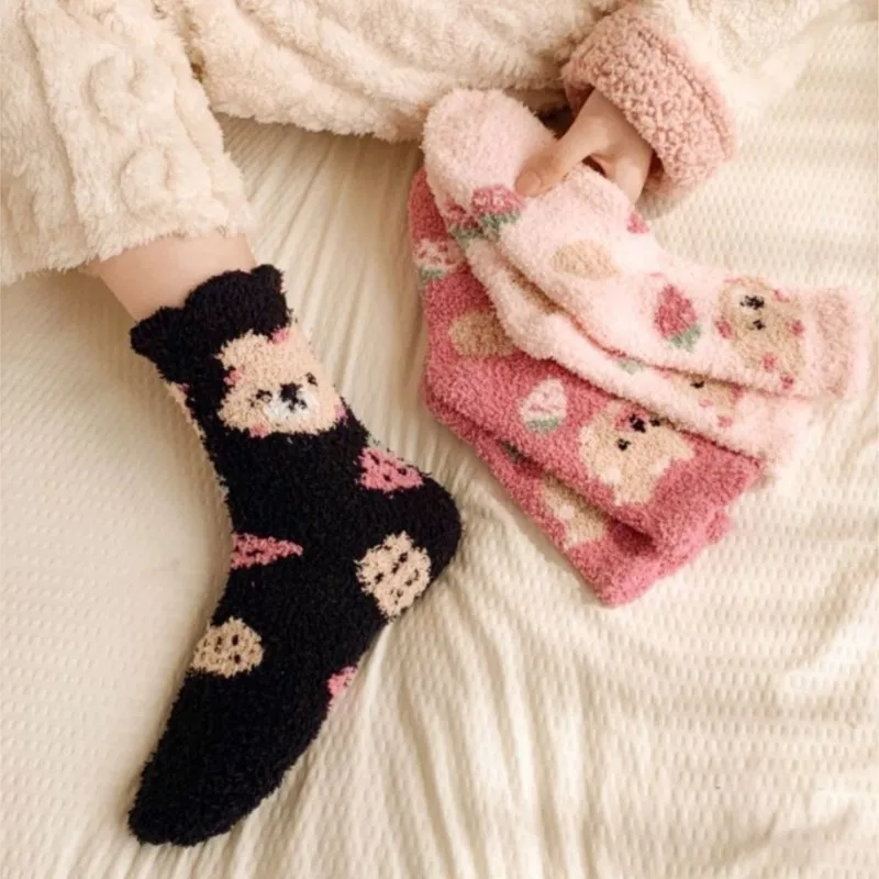 Women's Half Velvet Home Floor Bear Sleep Mid-tube Strawberry Soft Kawai Cartoon Sock Warm Non-hair Coral Velvet Comfort Socks