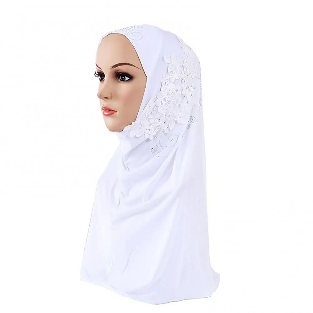 Scarf Cap Solid Color Women Lace Rhinestone Muslim Hijab Wrap Islamic Head Cover