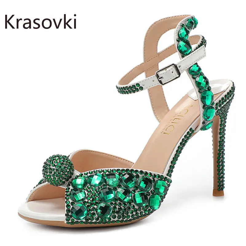 

Krasovki 8cm Synthetic Sandals Bling Rhinestone Shoes Summer Women Roman Boots Gothic Gladiator Sandle Sexy Fashion Point Heels