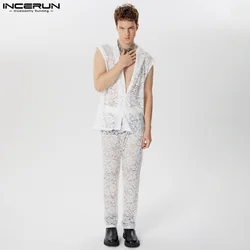 INCERUN Men Sets Lace Mesh Transparent Lapel Sleeveless Shirt & Pants Two Pieces Sets Streetwear 2024 Fashion Men's Casual Suits