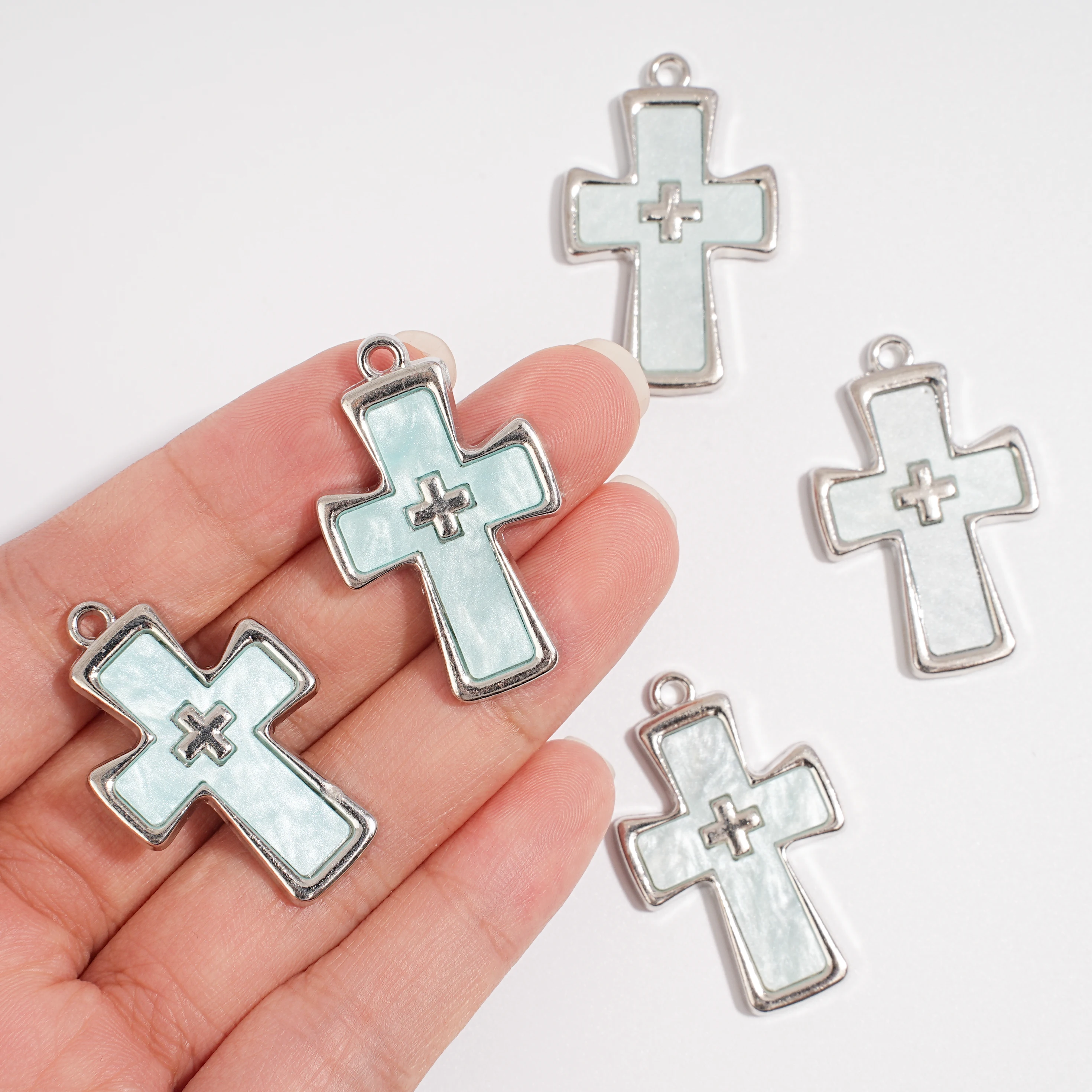 5Pcs Punk Blue Imitation Enamel Double Cross Metal Pendant Silver Edge Cross Pendant Necklace Bracelet Jewelry Accessories